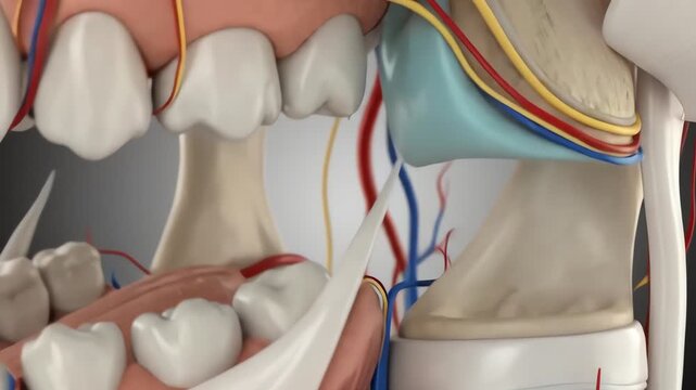 Anatomical illustration of the human temporomandibular joint and surrounding dental structures.
