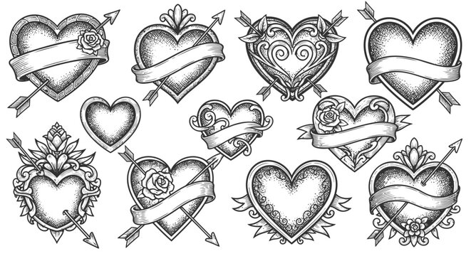 Tattoo hearts, heart tattoos, 10 heart designs, black and white, vector illustrations, tattoo art