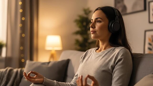 A woman with headphones on meditating peacefully on a couch in a dimly lit room.