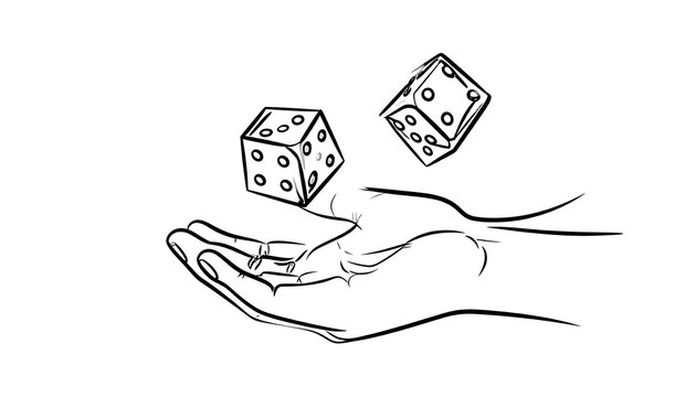 A hand releasing two dice into the air