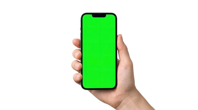 Hand holding a smartphone with a green screen display.