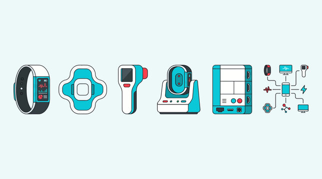 Collection of modern health monitoring and technology devices, including a smartwatch, thermometer, and smart home hub.