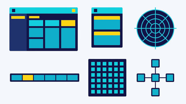 Collection of abstract digital interface elements and data visualization icons.