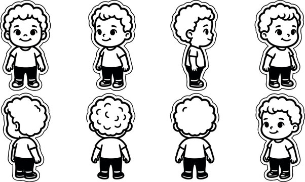 Black and white line art boy character in eight different poses front side back angles