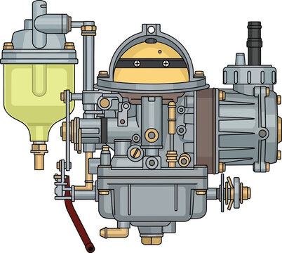 Detailed illustration of a vintage automotive carburetor with fuel bowl.