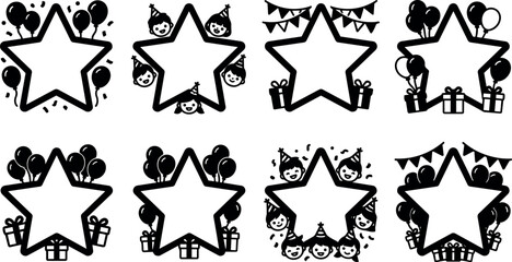Fototapeta premium Black and white star frames with balloons party hats gifts and banners vector art