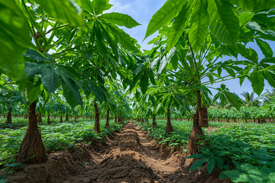 Cassava plants thrive in the rice fields with bright green leaves under the hot sun.