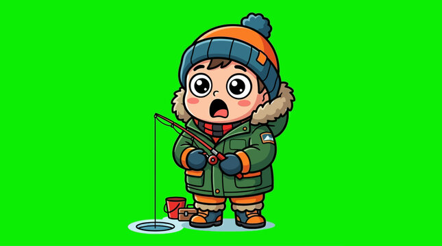 Cartoon Boy Ice Fishing on Frozen Lake with Fishing Rod.