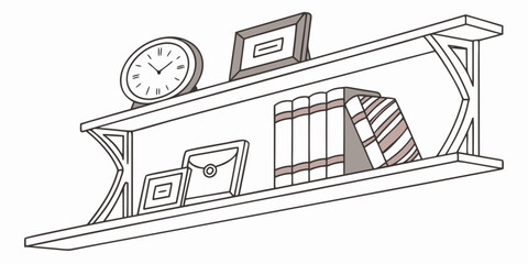 Wall mounted floating shelf with books clock picture frames floating interior furniture minimalist shelving bookcase arrangement decorating lifestyle bookshelf © Mamun