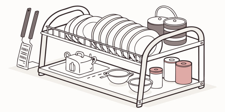 Modern metal dish drying rack with arranged plates and kitchen canisters on a counter canisters utensils interior illustration tableware equipment minimalist houseware