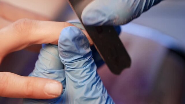 Macro close-up of a gloved nail technician filing a client&rsquo;s natural fingernail with a disposable emery board during precise salon manicure preparation.