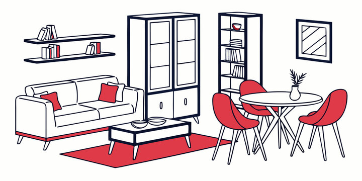 Living room interior scene with sofa bookshelf and dining table in clean graphic line art style bookshelf interior furniture bookcase minimalist lifestyle illustration
