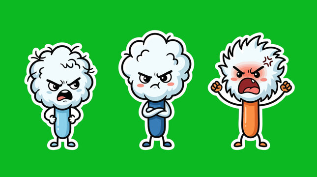 Cartoon Characters with Angry Expressions on Green Background.