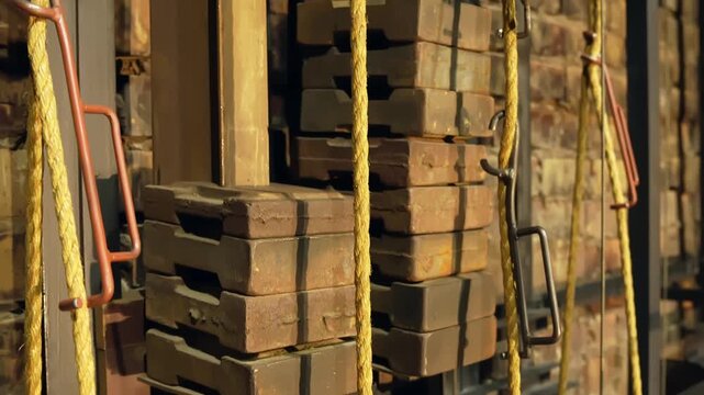 Backstage close-up of theatre counterweights, fly ropes, and rigging hardware in warm light, revealing hidden stage mechanics and technical infrastructure behind a live performance.