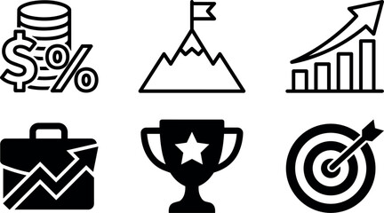 Obraz premium Black and white business success and growth icons set with percent coins mountain flag trophy and target
