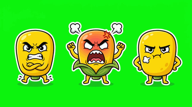 Cartoon Corn Characters with Angry Expressions on Green Background.