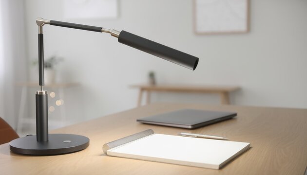 Modern black adjustable desk lamp illuminating a notebook and laptop on a wooden table
