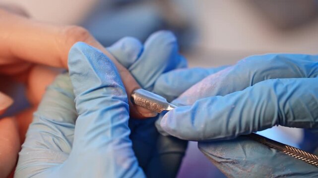Macro close-up of a gloved nail technician pushing back the cuticle on a natural nail, ideal for clean manicure prep, salon hygiene, and professional hand-care workflow.