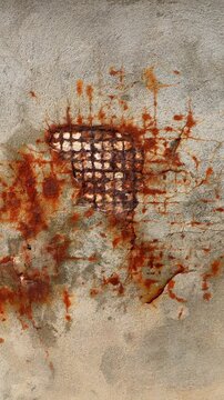 Vertical close-up of corroded wall render with exposed metal mesh and orange staining, showing water intrusion, structural decay, and deteriorating building surface.