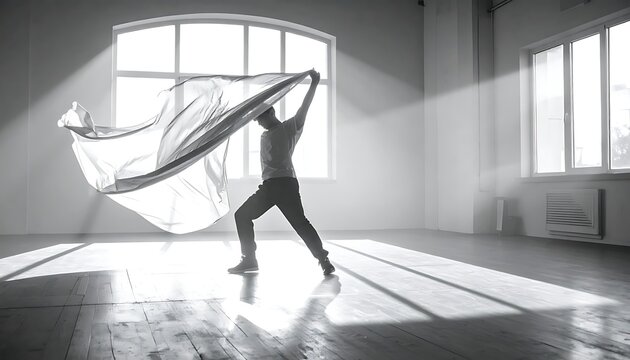A person dancing with fabric indoors