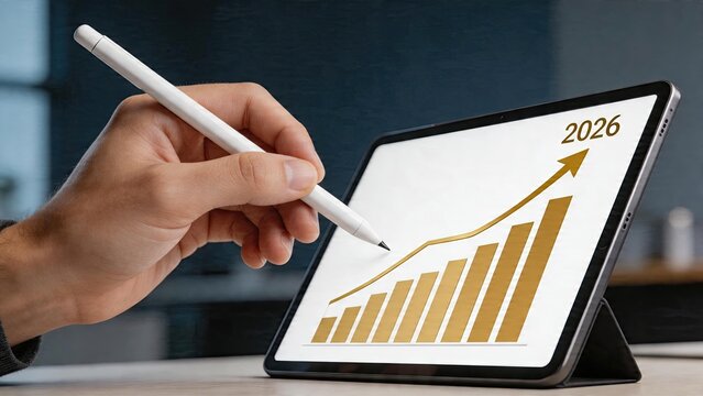 Business man hand digital tablet screen showing financial growth graph gold bar chart trending up towards 2026 arrow pointing right indicating positive economic forecast planning
