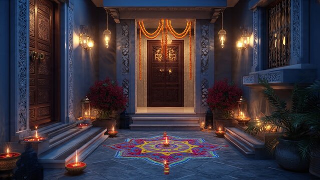 Perspective view of a luxury home entrance decorated for Diwali. Traditional brass lamps (Samai) on both sides, marigold toran hanging on the door