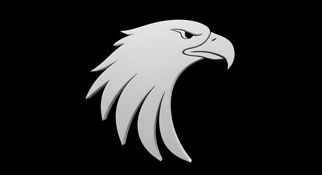 Isolated silver eagle head profile, a symbol of power and freedom, suitable for emblems and logos, on a stark black background.