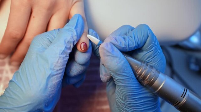 Close-up of a nail technician using a ceramic e-file bit on a damaged thumbnail, showing corrective manicure work, exposed nail bed detail, and careful salon treatment.