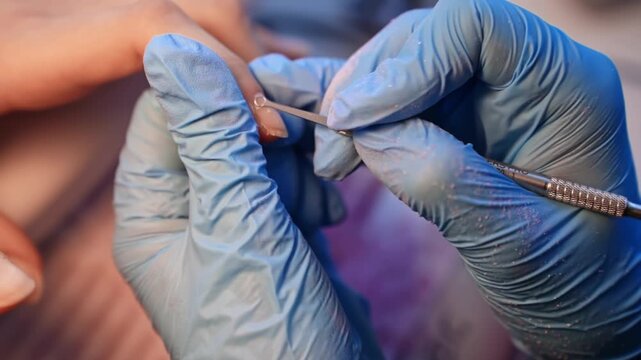Macro close-up of a gloved nail technician using a looped cuticle tool to clean and refine the sidewall area during detailed professional manicure preparation.
