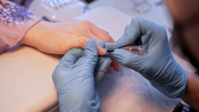 Wide salon shot of a nail technician sealing a nude gel set with glossy top coat, capturing the final finish, client support, and polished professional nail care.