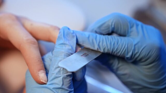 Close-up of a gloved nail technician refining a client&rsquo;s natural nail with a hand file, showing precise salon shaping during a professional manicure session.