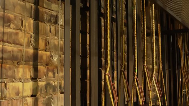 Warm backstage view of theatre fly system ropes, metal frames, and brick wall, revealing stage rigging infrastructure and technical theater workspace in vertical format.