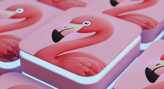 Pink flamingo heads illustrated on stacked pink square cards with pixel art style, soft focus, bright lighting