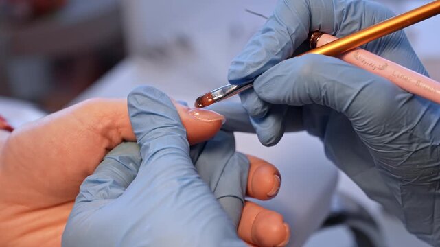 Close salon shot of a nail artist refining a glossy nude manicure with a detail brush, highlighting precision finishing, clean edges, and elegant professional hand care.