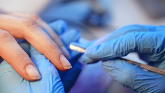 Close-up of a gloved nail technician using a cuticle pusher to refine the nail edge during hygienic professional manicure preparation in a salon.