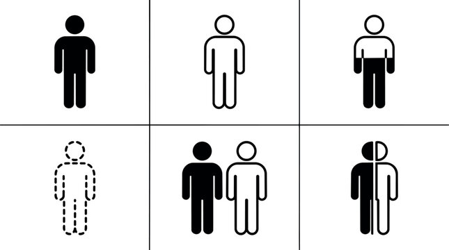 Black and white human figure icon set with solid outline and split fill