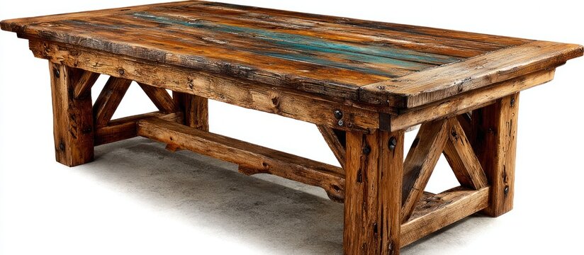 Rustic wooden coffee table with a distressed top and cross-beam legs