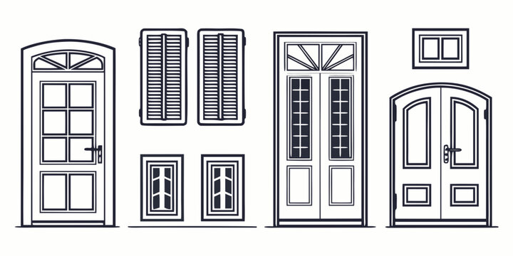 Graphic set of residential exterior elements including front doors shuttered and double door entrance in a hand-drawn black and white line style with shutters, architecture