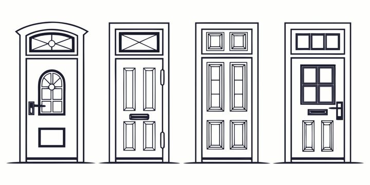 Four distinct front entrance door designs with transom decorative glass inserts and architectural frames isolated on white background entrance architecture exterior building