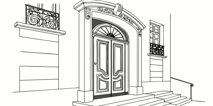 Black and white line art drawing of a classic european building entrance with ornate double doors and wrought iron balcony railings entrance architecture building exterior
