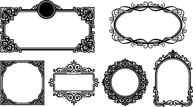 Black and white vintage ornamental frames with floral corners and swirls vector art