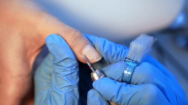 Macro close-up of a gloved nail technician refining a natural thumbnail with an electric bit while holding a small dust brush during manicure prep.