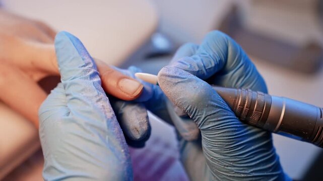 Close-up of a ceramic nail drill bit smoothing the surface of a natural fingernail during professional manicure prep, focused on even texture and finish readiness.