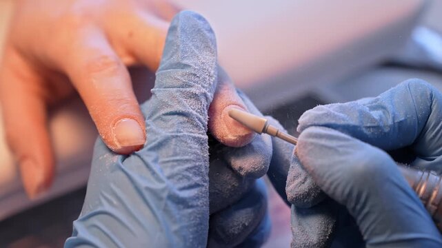 Extreme close-up of a nail technician shaping a natural fingernail with an electric drill, capturing dust, precision, and professional manicure prep in a salon.