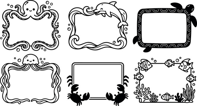 Black and white cartoon octopus dolphin turtle crab and fish frames vector art