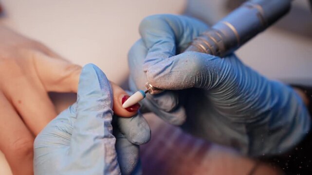 Clinical-style macro of a ceramic drill bit smoothing a traumatised thumbnail during corrective nail treatment, emphasizing restorative care and precision electric tool use.