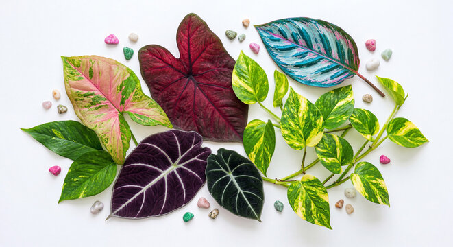 Flat lay top down view of colorful exotic tropical leaves and small pebbles on a white background
