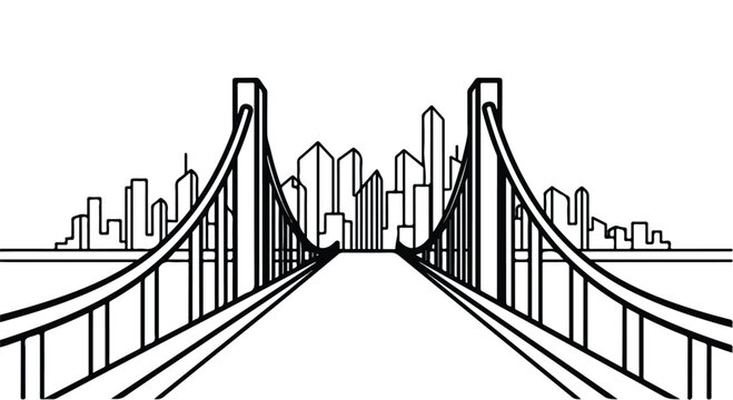 Suspension bridge perspective with city skyline