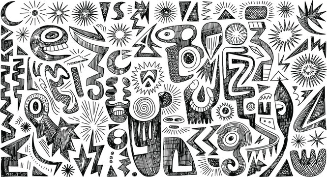 Abstract doodle with diverse geometric shapes and organic forms in black and white
