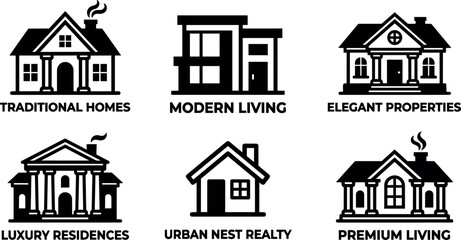 Naklejka premium Black and white flat design real estate house icons with varied styles and text labels